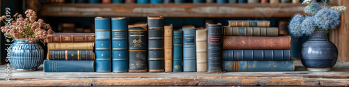 photo panoramique d'une étagère remplie de livres anciens colorés et de vases avec plantes