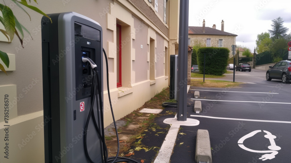 borne de station de recharge électrique en libre-service pour véhicule 100% électrique ou hybride en ville  - obrazy, fototapety, plakaty 