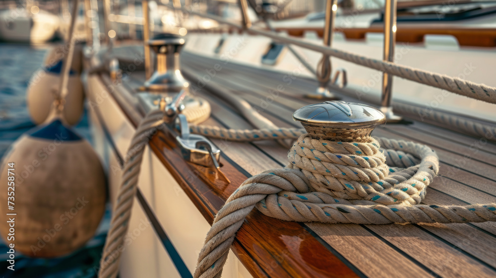 Obraz premium vue de détail d'un taquet d'amarrage sur le pont d'un voilier