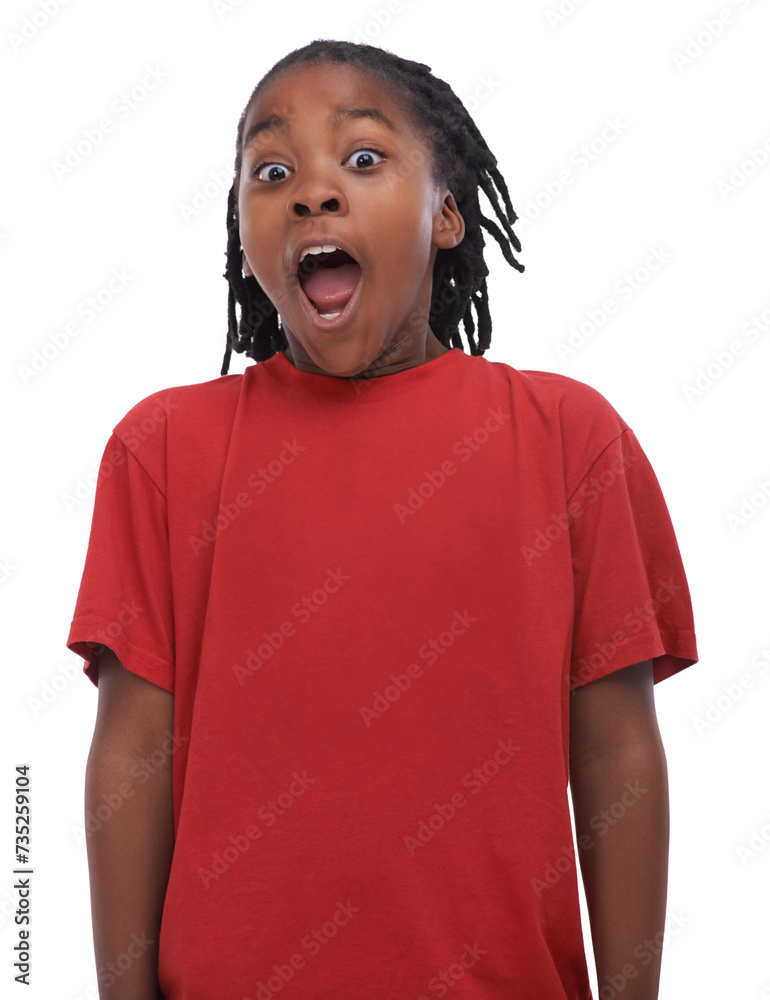 Child, surprise and portrait with shock from sale announcement with kid comedy in a studio. Young, deal and excited African male boy with casual fashion style with wow, happy and white background Child, surprise and portrait with shock from sale announcement with kid comedy in a studio. Young, deal and excited African male boy with casual fashion style with wow, happy and white background