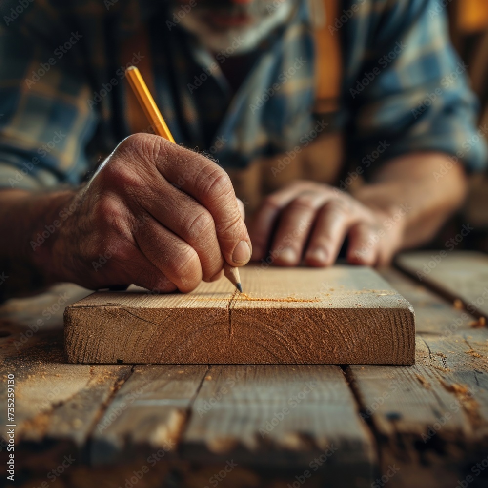 an old carpenter carving on wood from pencil