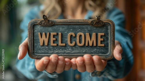 a woman holding welcome font plate on her hand photo