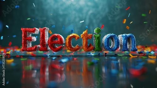 colorful bold letter written election with confetti floating on blur background