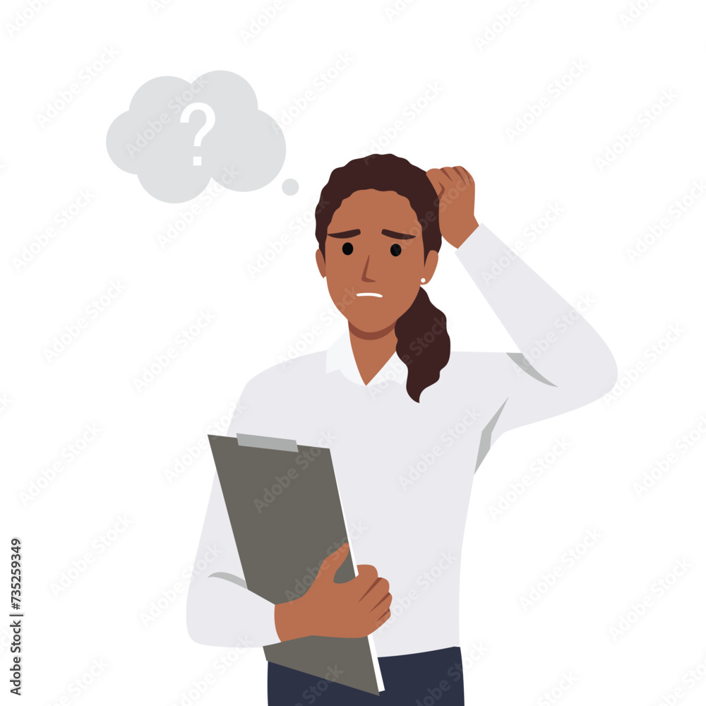 Young woman scratching her head. Puzzled girl scraping hair, feeling doubt or hesitating. Question and doubt concept holding clipboard, human expression and body language. Young woman scratching her head. Puzzled girl scraping hair, feeling doubt or hesitating. Question and doubt concept holding clipboard, human expression and body language.