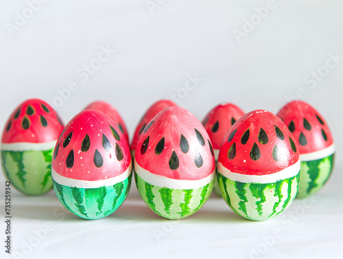 Watermelon-themed decorative Easter eggs. Half a dozen eggs painted to mimic watermelon slices, evoking summer and nostalgia