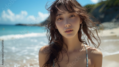 teenage asian woman Posing for a beautiful beach photoshoot in a bikini,generative ai © LomaPari2021