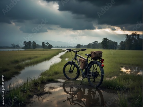 A tourist bicycle by a large puddle on the background of the city