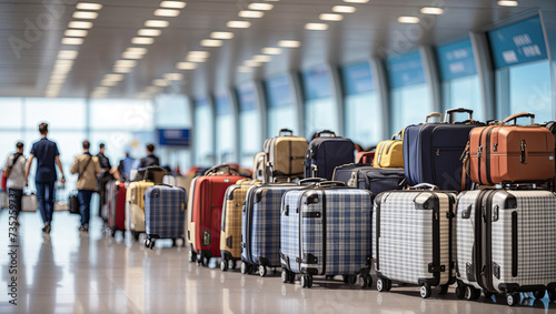 A bunch of suitcases at the airport - cargo control, baggage allowance and hand luggage parameters on the plane, security, check-in and delivery of personal belongings. photo