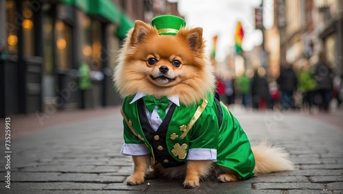 A ginger dog of the German Spitz breed in a green suit with clover for the St. Patrick's Day holiday on the street of the city. Clothes for small breeds of dogs, party. photo