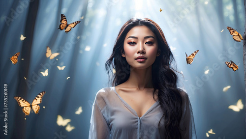 Asian woman in a magical misty forest surrounded by butterflies in a ray of light - enjoyment of nature, beauty, feminine energy, femininity, magical radiance, unity with nature.  © Ольга Симонова