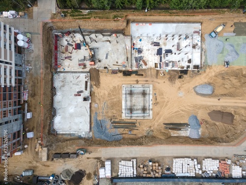 Photography the construction site of an apartment building in the summer from a height