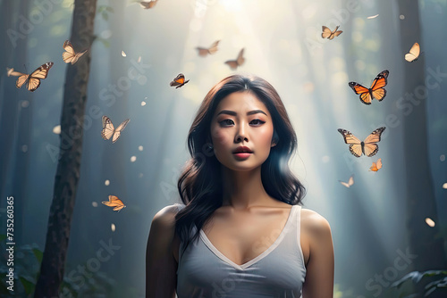 Asian woman in a magical misty forest surrounded by butterflies in a ray of light - enjoyment of nature, beauty, feminine energy, femininity, magical radiance, unity with nature.  © Ольга Симонова