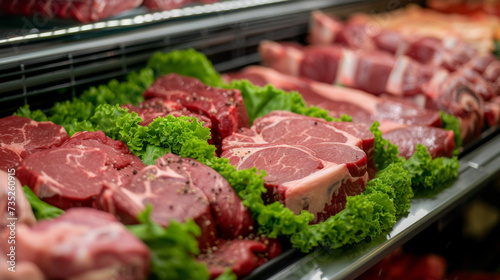 A display of various cuts of raw meat in a butcher's refrigerated case, with labels and green lettuce garnish on the side. photo
