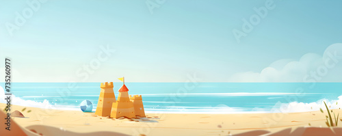 Sand castle on the ocean beach flat cartoon illustration. Summer kids holidays on the sea side, sea coast. Concept of summer vacation for postcard, banner, poster, ads with copy space.
