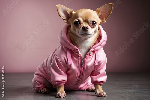 A chihuahua female dog in a pink shiny glamorous jacket indoor at home. Dog fashion, animal clothing.  © Ольга Симонова