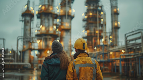 engineer in uniform working and check outside factory of Large oil pipeline and gas pipeline in the process of oil refining and the movement of oil and gas,generative ai