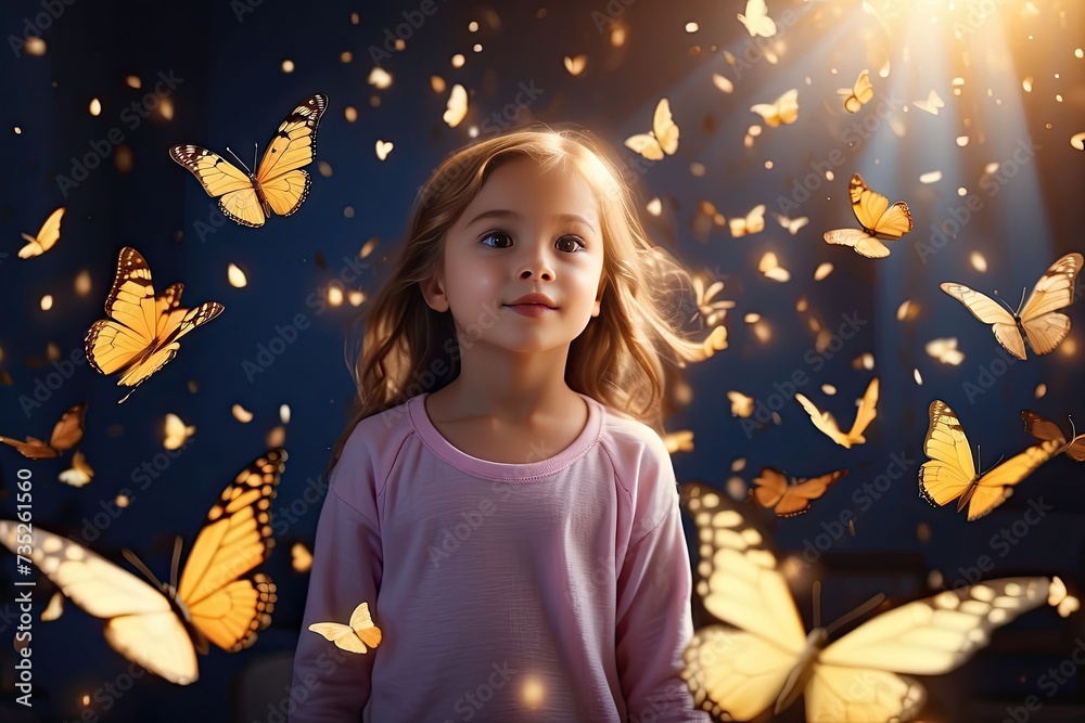 Child girl in a magical misty light surrounded by butterflies in a ray of light - enjoyment of nature, beauty, fairy and magic, belief in a miracle, magical radiance Child girl in a magical misty light surrounded by butterflies in a ray of light - enjoyment of nature, beauty, fairy and magic, belief in a miracle, magical radiance