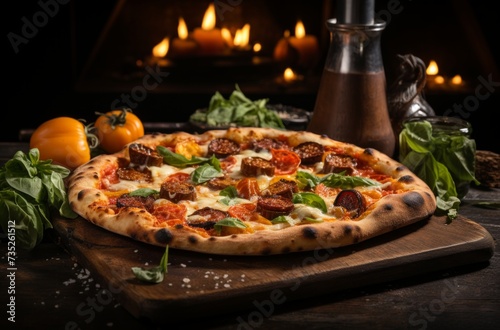 the pizza is sitting on a board and in front of a fireplace