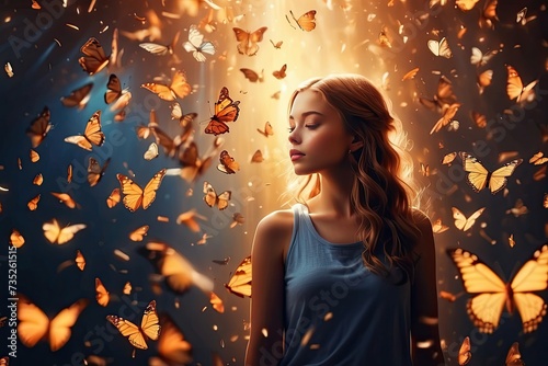 A woman in a magical misty light surrounded by butterflies in a ray of light - enjoyment of nature, beauty, feminine energy, femininity, magical radiance, unity with nature.