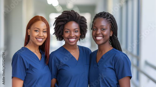three professional women in blue medical scrubs smiling confidently in a clinical or hospital setting.
