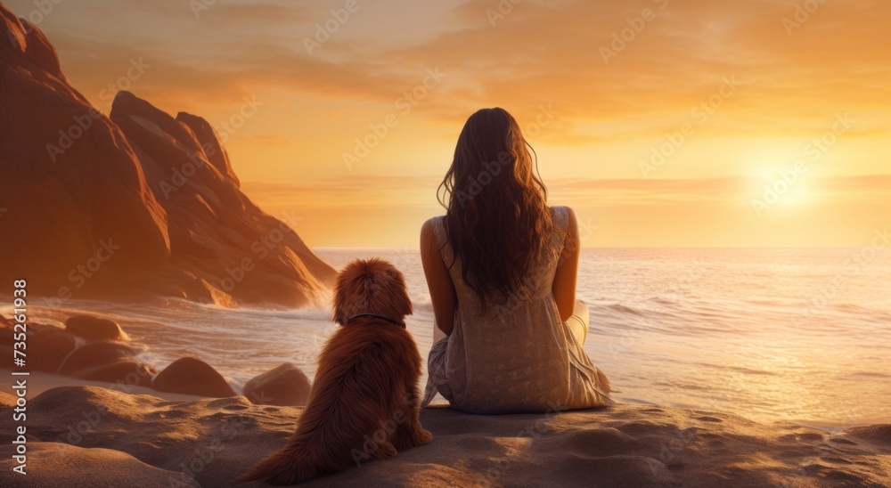 woman and dog on beach sitting at sunrise in spring