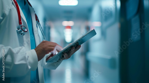A healthcare professional using a digital tablet in a hospital corridor.