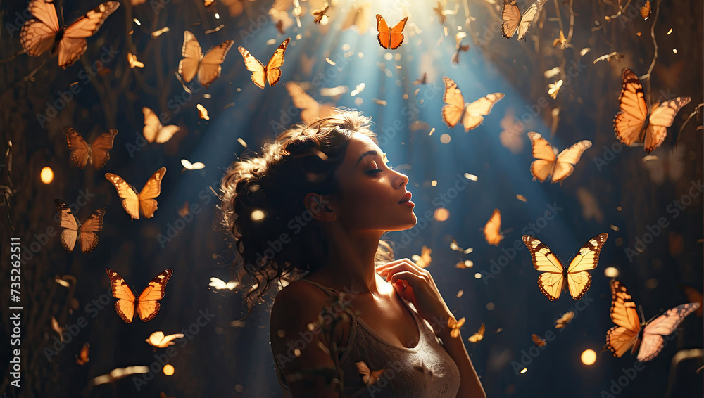 A woman in a magical misty light surrounded by butterflies in a ray of light - enjoyment of nature, beauty, feminine energy, femininity, magical radiance, unity with nature.  - obrazy, fototapety, plakaty 