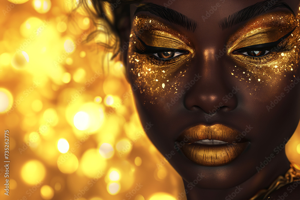 black woman with gold eyeshadow and makeup on golden background