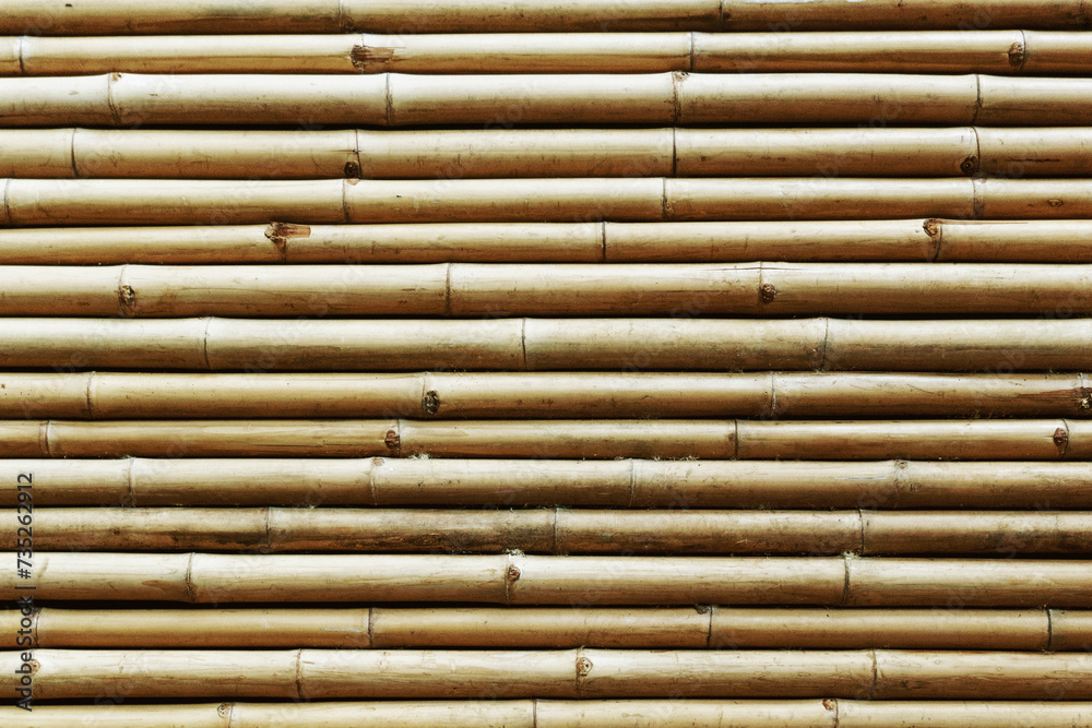 Brown bamboo sticks pattern. Bamboo background. Natural wooden plant pipes texture. Japanese Zen ornament. Typical Asian architecture wall. Chinese texture. Bright wood pattern. Horizontal lines. Brown bamboo sticks pattern. Bamboo background. Natural wooden plant pipes texture. Japanese Zen ornament. Typical Asian architecture wall. Chinese texture. Bright wood pattern. Horizontal lines.