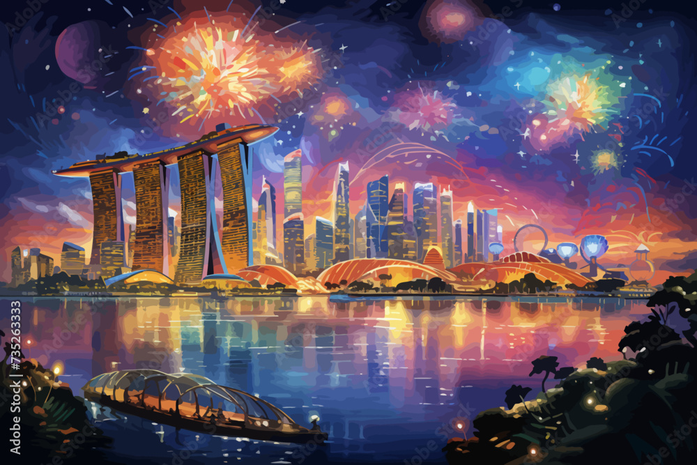 a painting of fireworks over a city at night