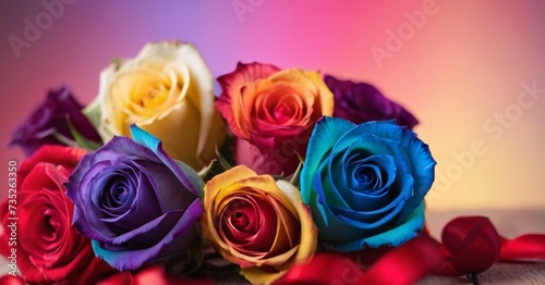 Beautifully arranged colorful bouquet of rainbow roses on blurred background.