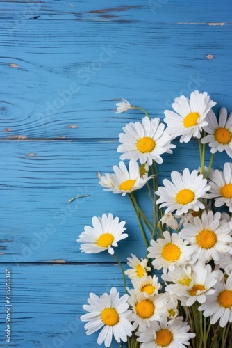 White daisies and yellow flowers arranged on a blue wooden background. © yganko