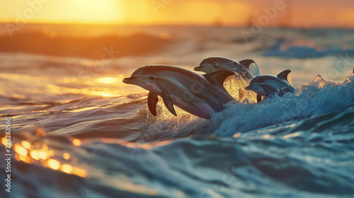 A family of dolphins playing in the surf at sunset photo