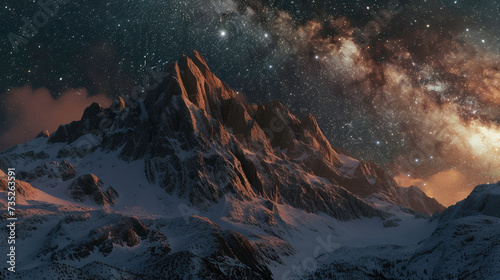 A formidable mountain range blanketed in snow under a starry sky