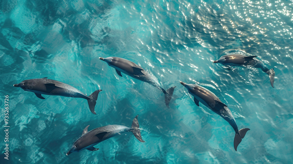 A playful group of dolphins swimming in crystalline azure waters A playful group of dolphins swimming in crystalline azure waters