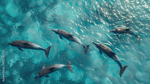 A playful group of dolphins swimming in crystalline azure waters