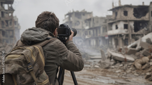 A photojournalist capturing moments in a war stricken area photo