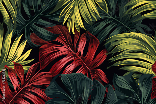 a bunch of green and red leaves on a black background