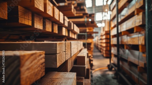 Wooden beams neatly arranged in the warehouse