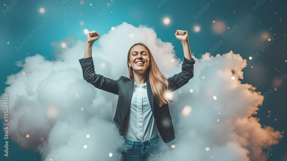 Business woman rising above the cloud symbolizing success Business woman rising above the cloud symbolizing success