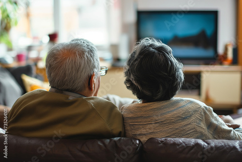 older man and woman sitting on a couch watching tv