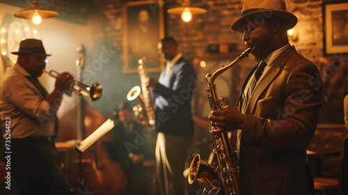Blues musicians performing in a New Orleans jazz club photo