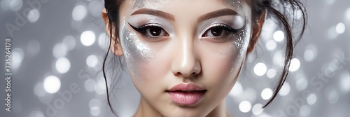 closeup beautiful woman with creative makeup with glitter, festive makeup for a party, new year, disco, holiday photo