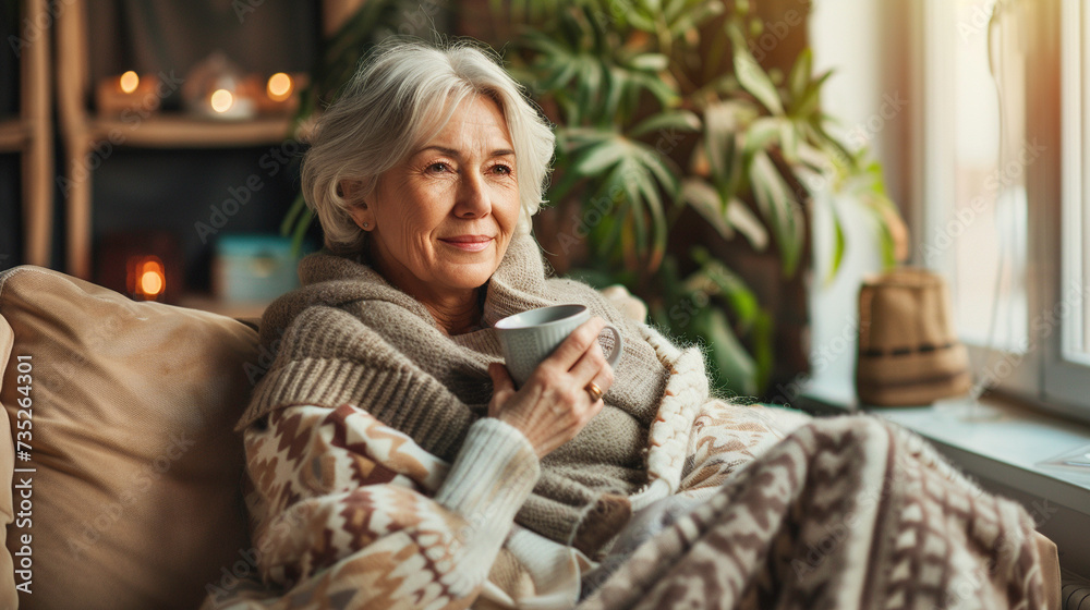 Middle aged woman enjoying coffee in a cozy home setting