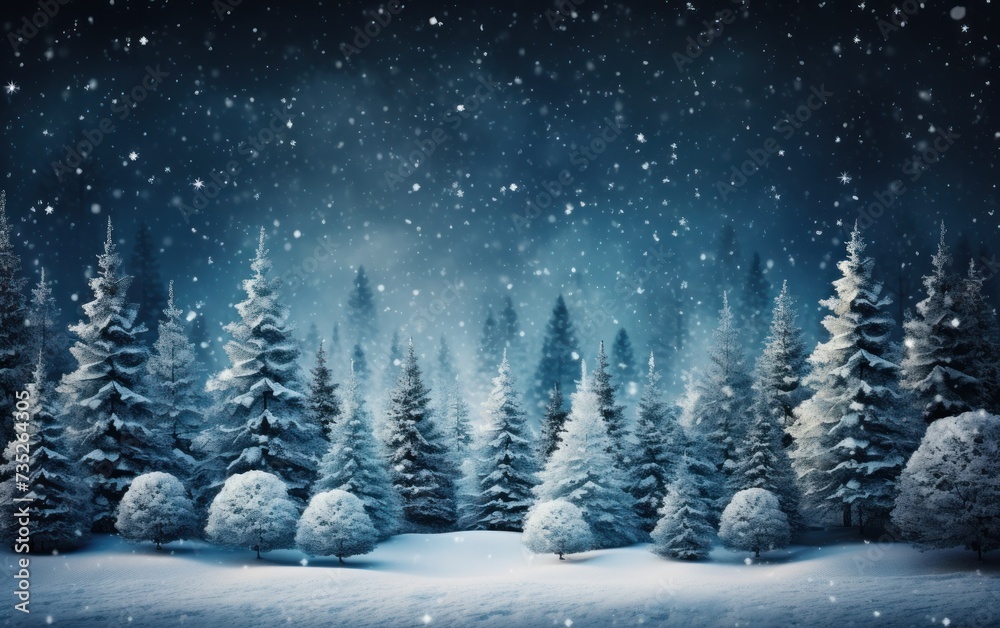 A winter night with snow-covered trees under a starry sky.