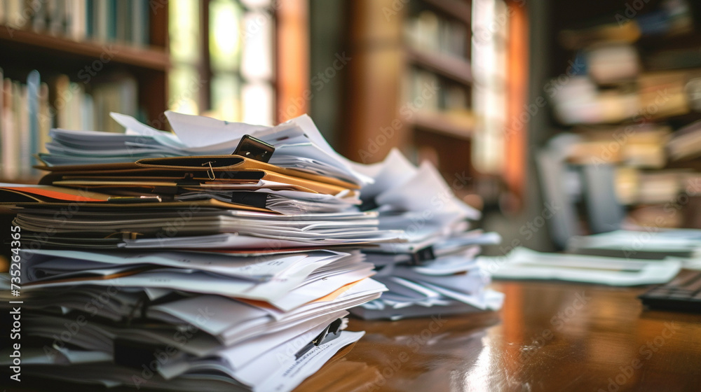 Piles of paperwork on a desk reflecting workload Piles of paperwork on a desk reflecting workload