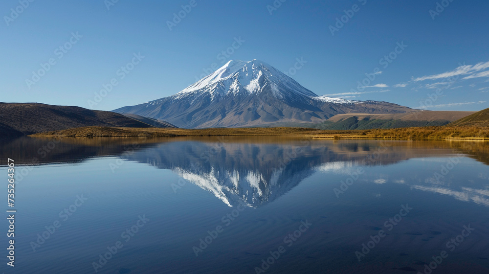 Proud snow capped mountain reflected in a calm glassy lake