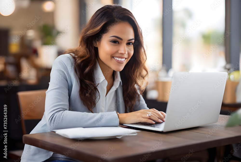 Video call and chat concept. Woman video conferencing on laptop in coffe shop. Generative ai. Video call and chat concept. Woman video conferencing on laptop in coffe shop. Generative ai.