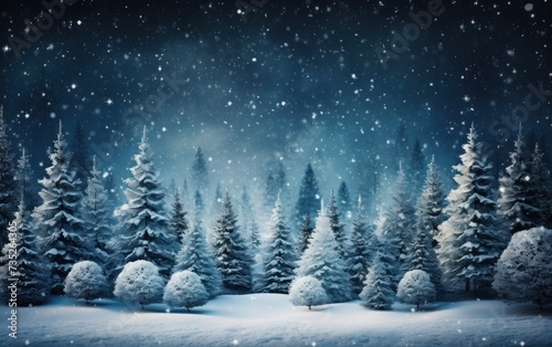 A winter night with snow-covered trees under a starry sky.