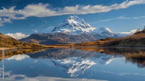 Proud snow capped mountain reflected in a calm glassy lake